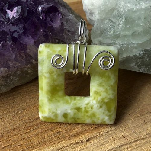 Butter Jade Square Donut Silver Wire Wrapped Pendant